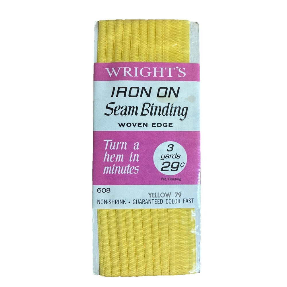 Wright's Iron On Seam Binding‎ Woven Edge 3 yds 608 Yellow 79 Rayon USA Vintage